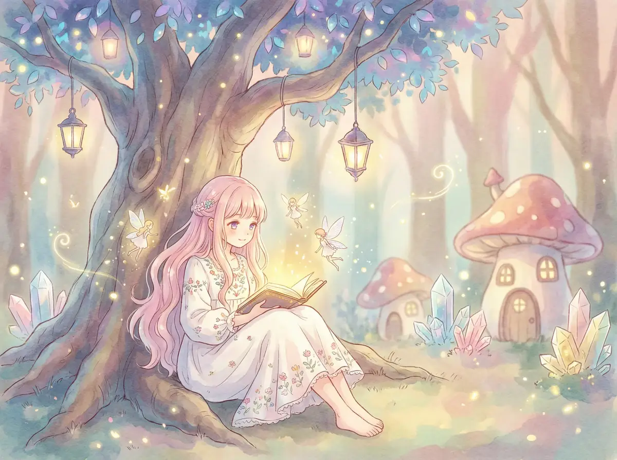 wow生存猎人天赋 - 魔法森林中阅读故事书的粉发少女与精灵